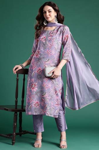 Women Floral Printed Regular Mirror Work Kurta with Trousers & With Dupatta
