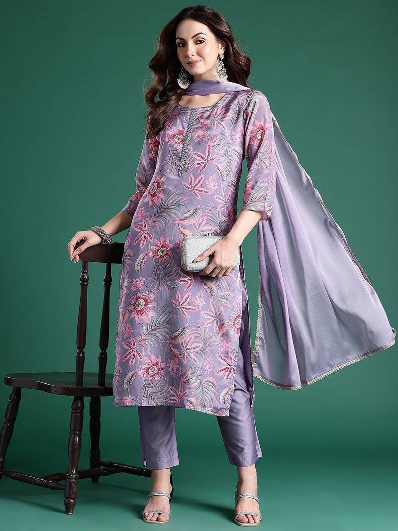 Women Floral Printed Regular Mirror Work Kurta with Trousers & With Dupatta
