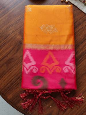 soft silk blend saree in yellow & rani pink women wedding wear 4