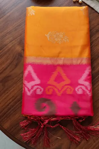 soft silk blend saree in yellow & rani pink women wedding wear