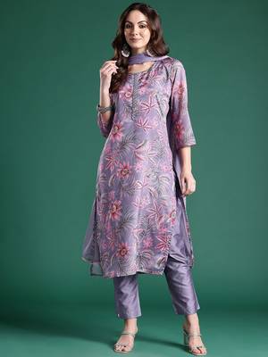 Women Floral Printed Regular Mirror Work Kurta with Trousers & With Dupatta 7