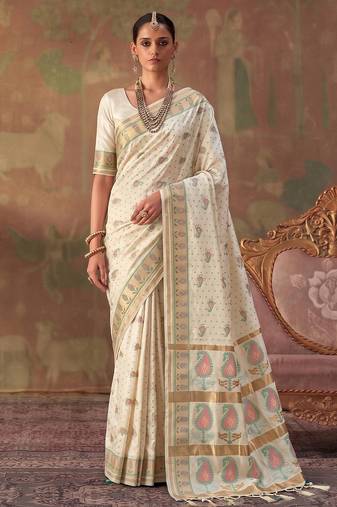 cream soft silk blend saree for women | festive, wedding & party ethnic wear