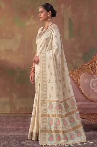cream soft silk blend saree for women | festive, wedding & party ethnic wear