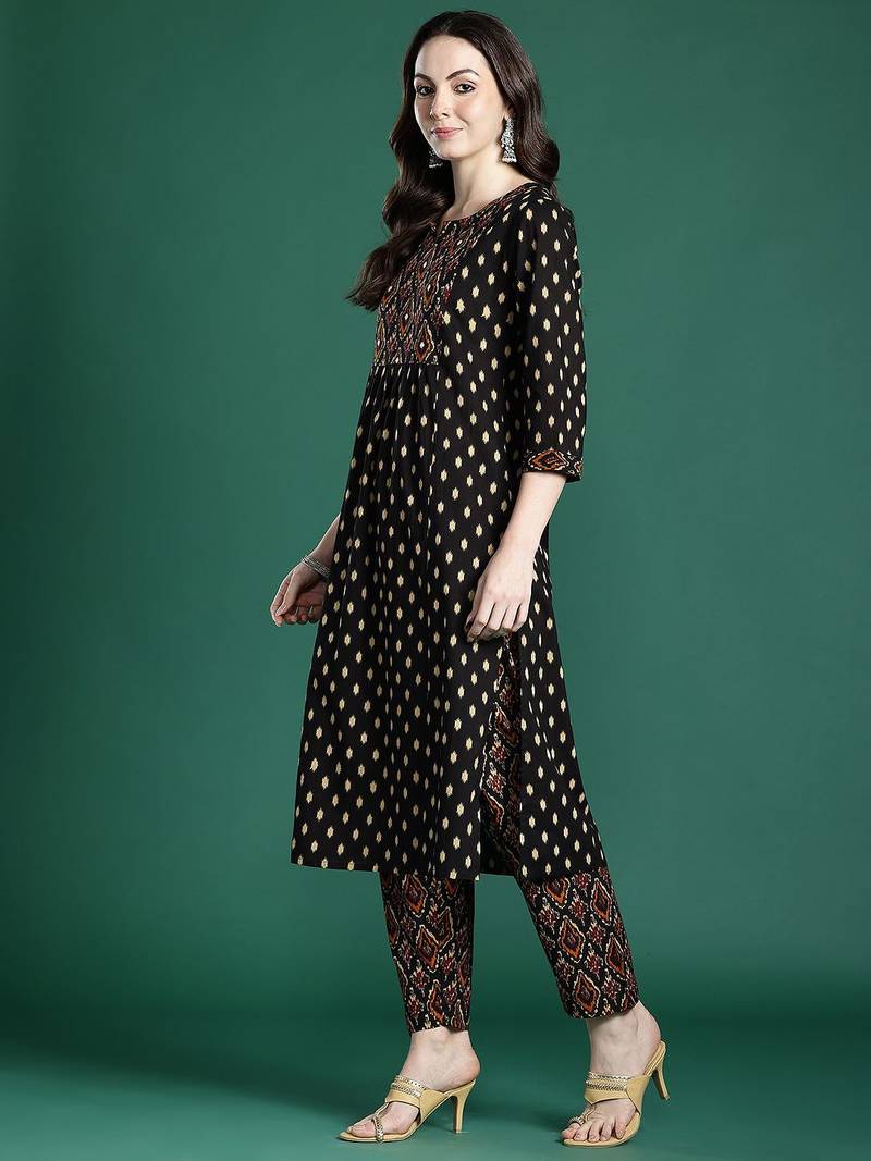 Printed Pleated Pure Cotton Kurta with Trousers