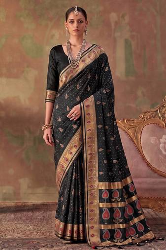 black soft silk blend saree for women | festive, wedding & party ethnic wear
