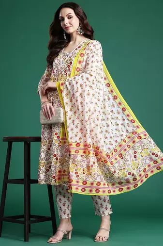 Floral Printed Pure Cotton Kurta with Palazzos & Dupatta