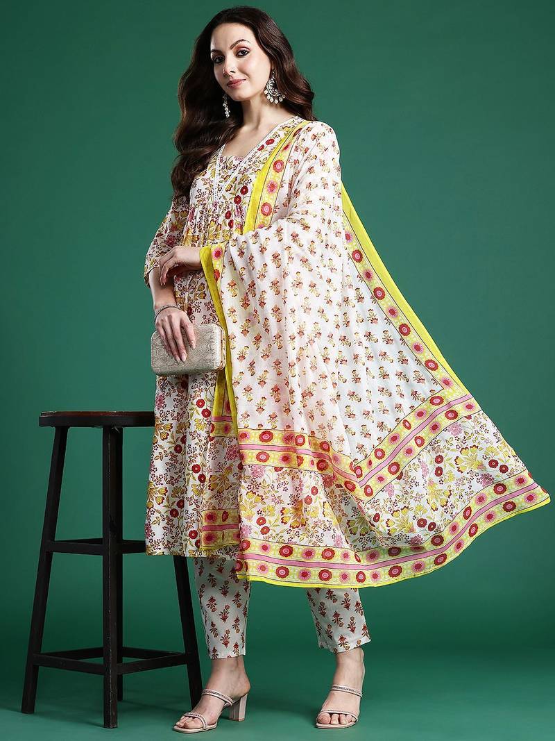 Floral Printed Pure Cotton Kurta with Palazzos & Dupatta