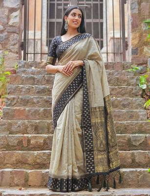 beige & black premium cotton blend saree for women | festive, party & ethnic wear 1