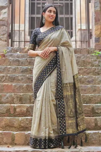 beige & black premium cotton blend saree for women | festive, party & ethnic wear