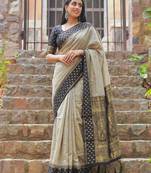 beige & black premium cotton blend saree for women | festive, party & ethnic wear