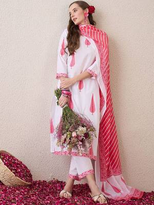 Floral Printed Round Neck Pure Cotton Straight Kurta With Trousers & Dupatta 7