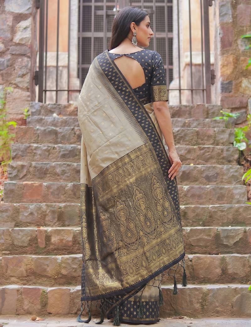 beige & black premium cotton blend saree for women | festive, party & ethnic wear