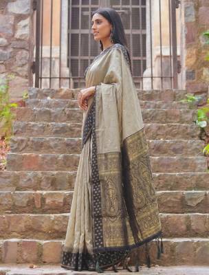 beige & black premium cotton blend saree for women | festive, party & ethnic wear 3