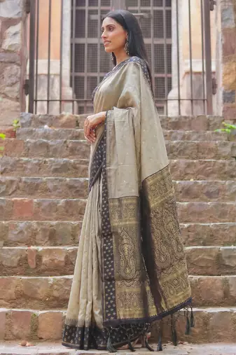 beige & black premium cotton blend saree for women | festive, party & ethnic wear