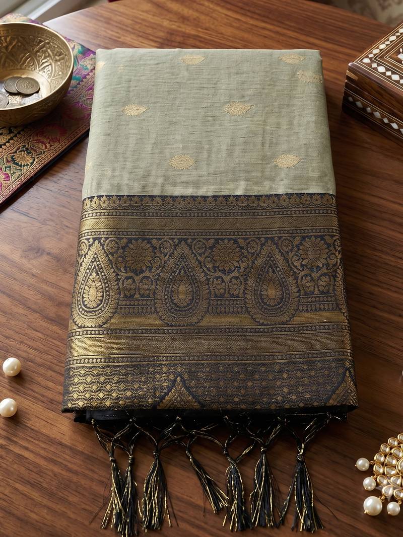 beige & black premium cotton blend saree for women | festive, party & ethnic wear