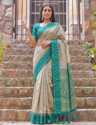 beige & teal green premium cotton blend saree for women | festive, party & ethnic wear 1