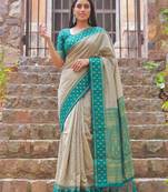 beige & teal green premium cotton blend saree for women | festive, party & ethnic wear