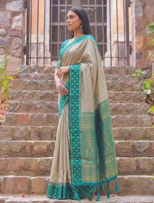 beige & teal green premium cotton blend saree for women | festive, party & ethnic wear 2