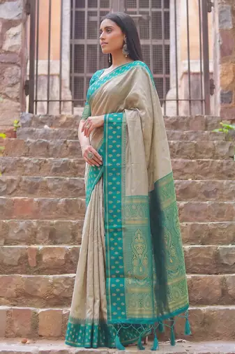 beige & teal green premium cotton blend saree for women | festive, party & ethnic wear