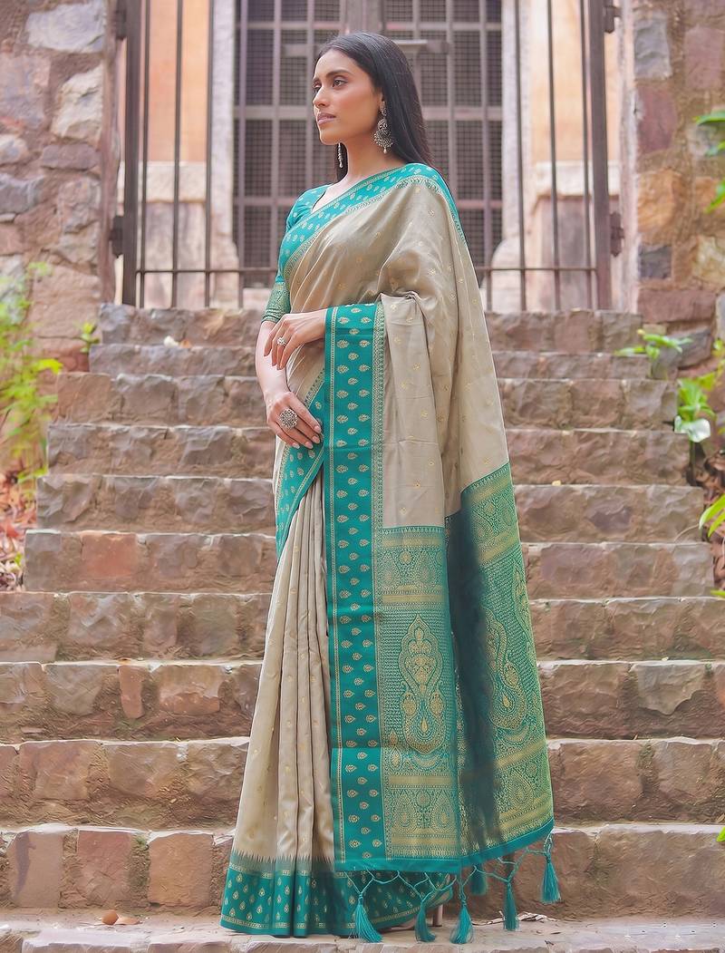 beige & teal green premium cotton blend saree for women | festive, party & ethnic wear