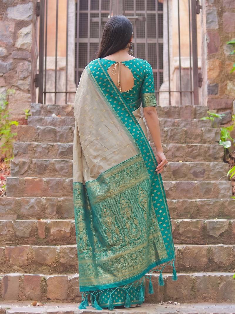 beige & teal green premium cotton blend saree for women | festive, party & ethnic wear