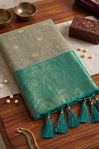 beige & teal green premium cotton blend saree for women | festive, party & ethnic wear