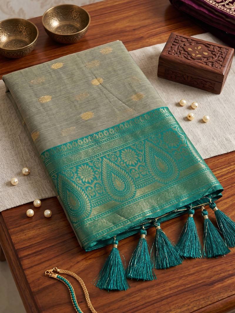beige & teal green premium cotton blend saree for women | festive, party & ethnic wear