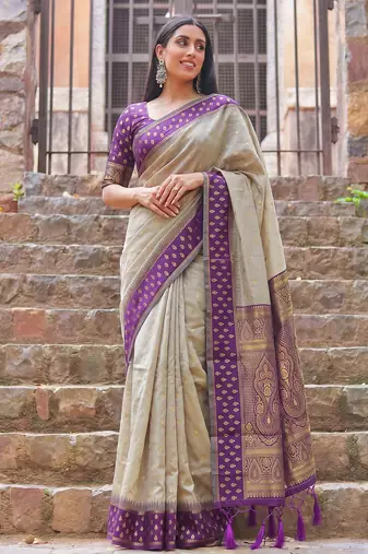 beige & purple premium cotton blend saree for women | festive, party & ethnic wear