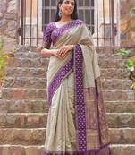 beige & purple premium cotton blend saree for women | festive, party & ethnic wear
