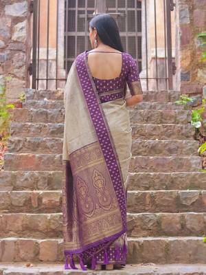 beige & purple premium cotton blend saree for women | festive, party & ethnic wear 2