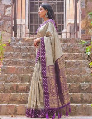 beige & purple premium cotton blend saree for women | festive, party & ethnic wear 3