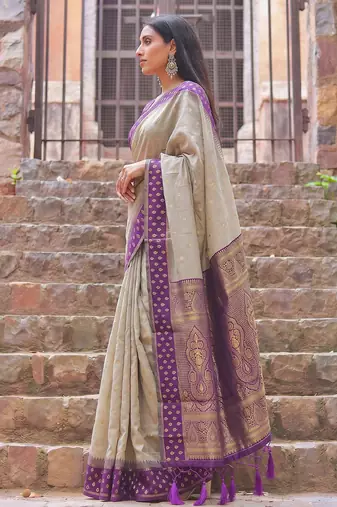 beige & purple premium cotton blend saree for women | festive, party & ethnic wear