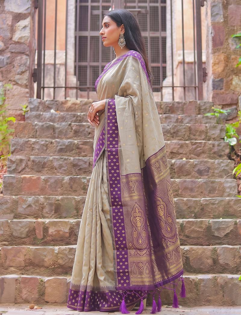 beige & purple premium cotton blend saree for women | festive, party & ethnic wear