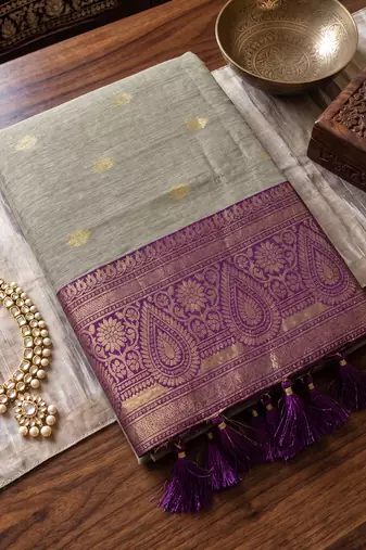 beige & purple premium cotton blend saree for women | festive, party & ethnic wear