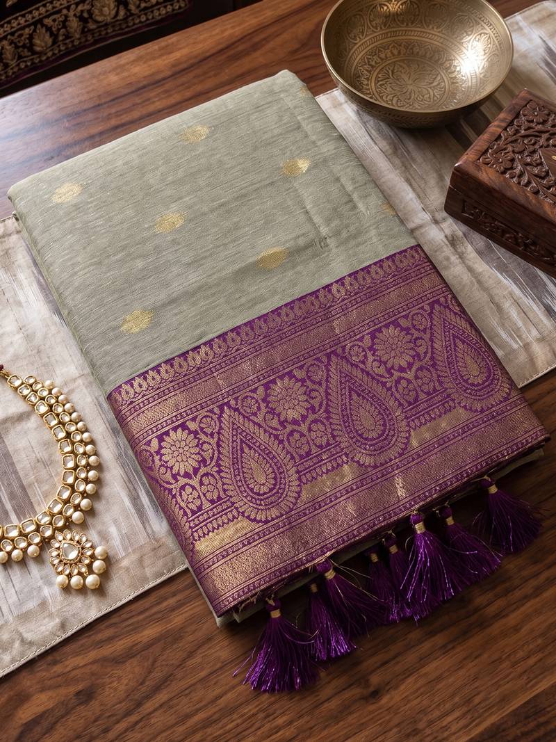 beige & purple premium cotton blend saree for women | festive, party & ethnic wear
