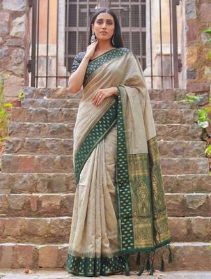 beige & olive green premium cotton blend saree for women | festive, party & ethnic wear 1