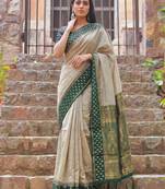 beige & olive green premium cotton blend saree for women | festive, party & ethnic wear
