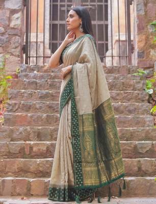 beige & olive green premium cotton blend saree for women | festive, party & ethnic wear 2