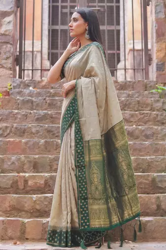 beige & olive green premium cotton blend saree for women | festive, party & ethnic wear