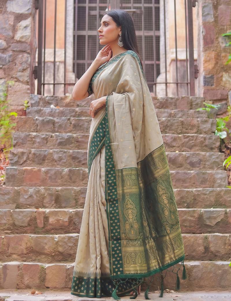 beige & olive green premium cotton blend saree for women | festive, party & ethnic wear