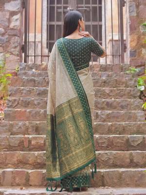 beige & olive green premium cotton blend saree for women | festive, party & ethnic wear 3