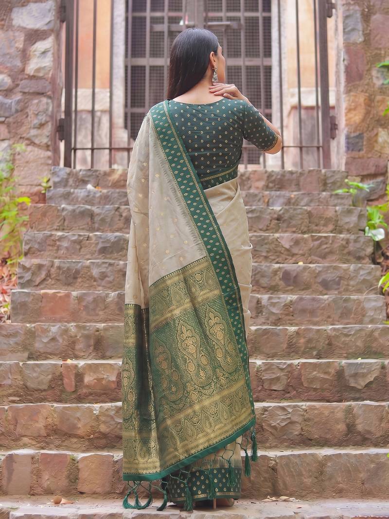beige & olive green premium cotton blend saree for women | festive, party & ethnic wear
