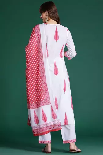 Floral Printed Sequinned Pure Cotton Kurta with Trousers & With Dupatta