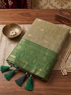 beige & olive green premium cotton blend saree for women | festive, party & ethnic wear 4