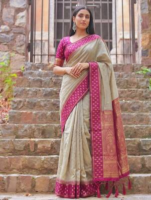 beige & rani pink premium cotton blend saree for women | festive, party & ethnic wear 1