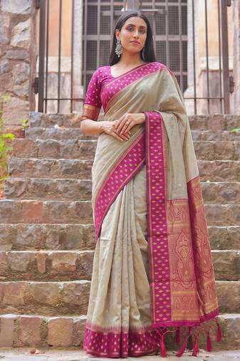 beige & rani pink premium cotton blend saree for women | festive, party & ethnic wear