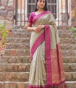 beige & rani pink premium cotton blend saree for women | festive, party & ethnic wear
