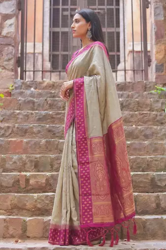 beige & rani pink premium cotton blend saree for women | festive, party & ethnic wear