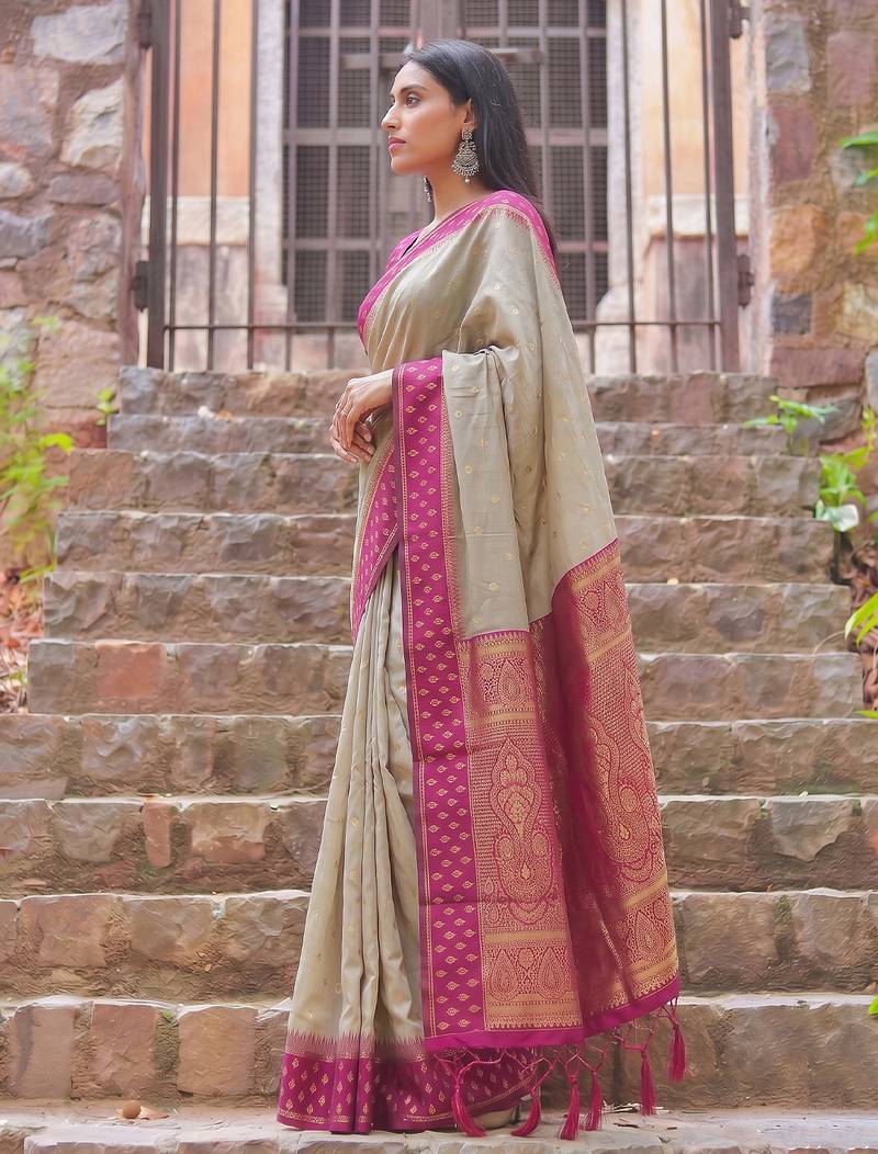 beige & rani pink premium cotton blend saree for women | festive, party & ethnic wear