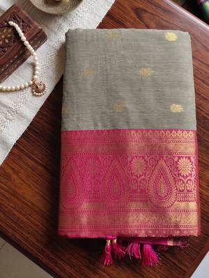 beige & rani pink premium cotton blend saree for women | festive, party & ethnic wear 3